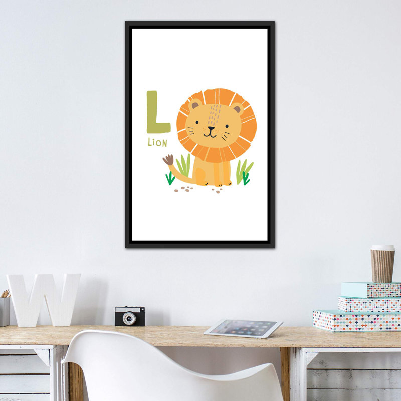 Animal Alphabet L - impression d'art graphique, H 40 po x l 26 po x P 1,5 po, Toile avec cadre noir patiné, Pas de tapis