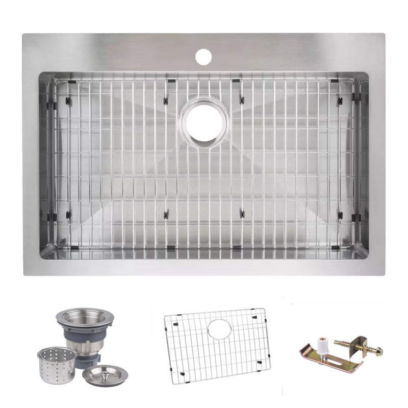 33" Top-Mount/Undermount Single Basin Stainless Steel Kitchen Sink - Drain Assembly and Fitted Basin Rack Included Free