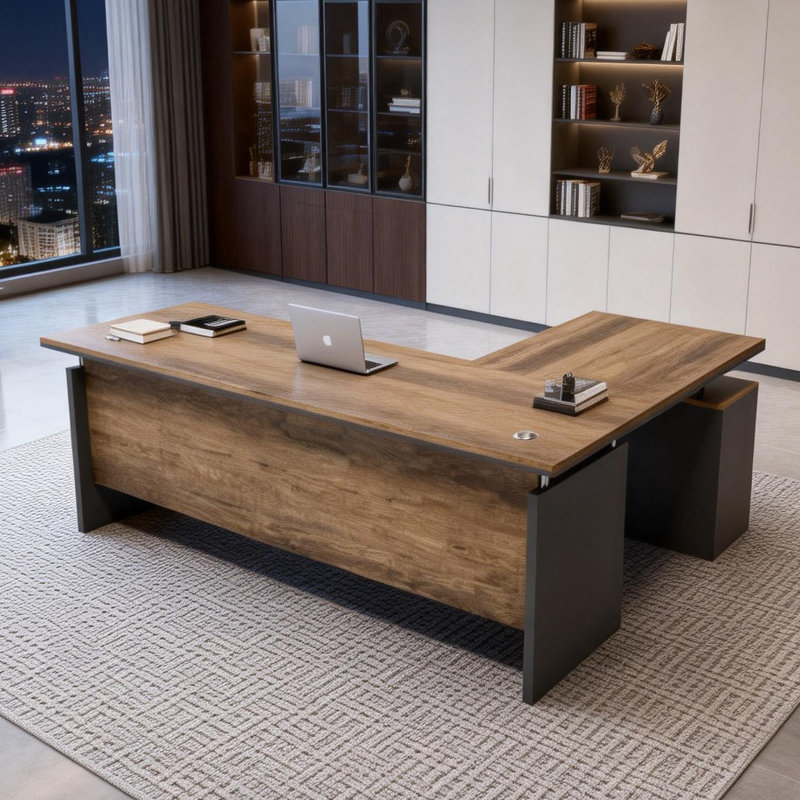 63 Inch L-Shaped Executive Desk, Industrial Modern Wood Office Desk with 3 Drawers, Built-in Cable Management & Power Outlet, Reversible Left/Right Return Home Workstation