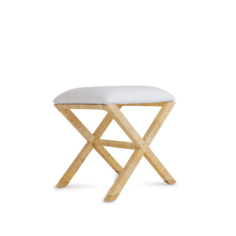 X-Base Rattan Stool – Handcrafted Indoor Accent Stool with White Cushion & Brass Detail