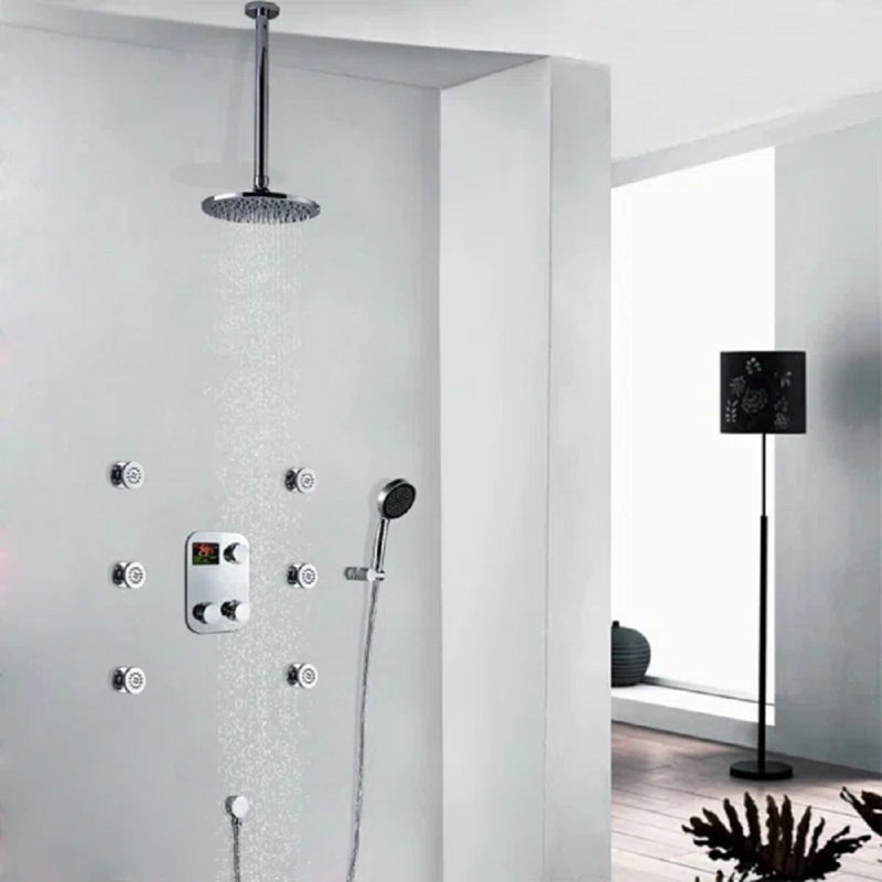 Système de douche thermostatique à fixation au plafond en laiton chromé numérique 10 po Juno