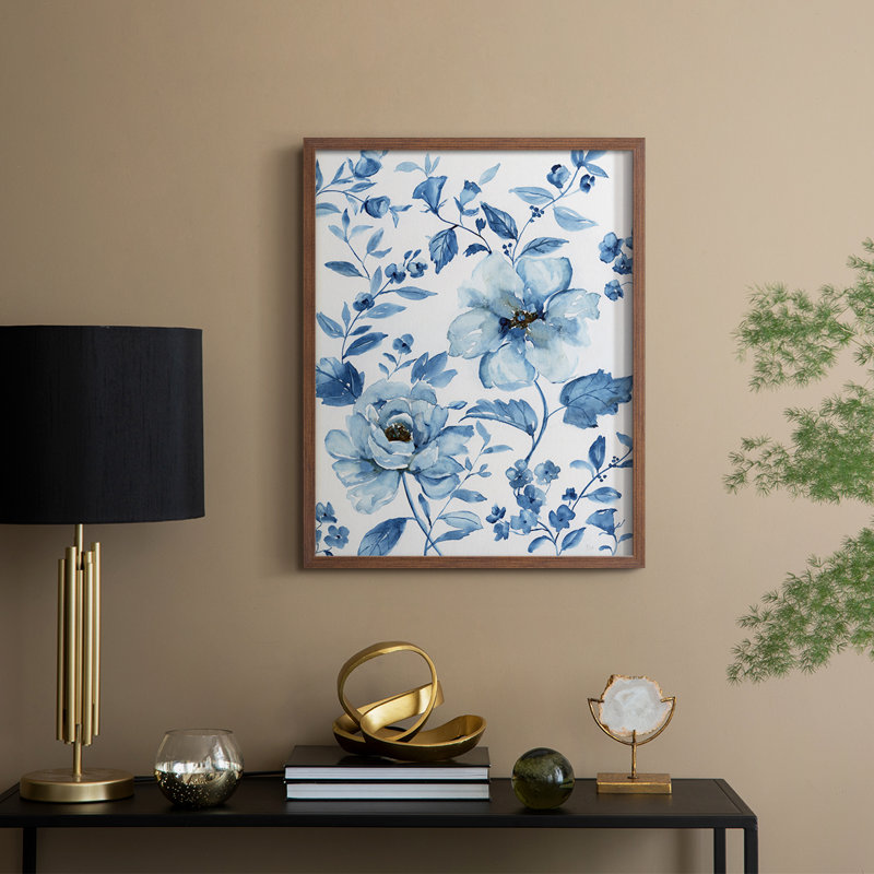 Imprimé encadré bleu chinois - bois massif, H 21 po x l 17 po, Noyer