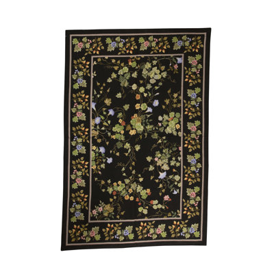 Tapis noir, vert et jaune noué à la main de haute qualité