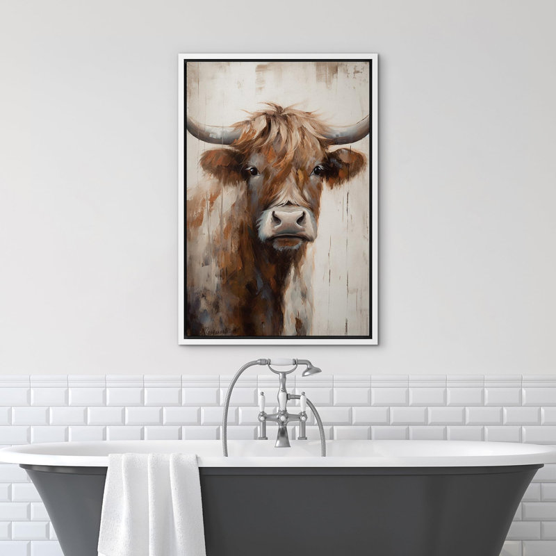 Panneau rétro effet bois de vache de ferme, H 24 po x l 16 po, Cadre flottant blanc