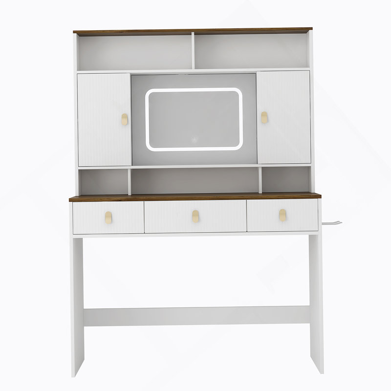 Farmhouse Dressing Table With Lighted Mirror And Makeup Drawer
