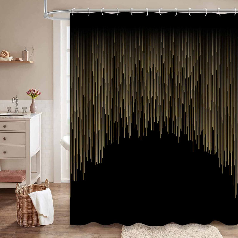Rideau de douche abstrait à rayures abstraites et or blanc avec 12 crochets, L 72 po x l 78 po