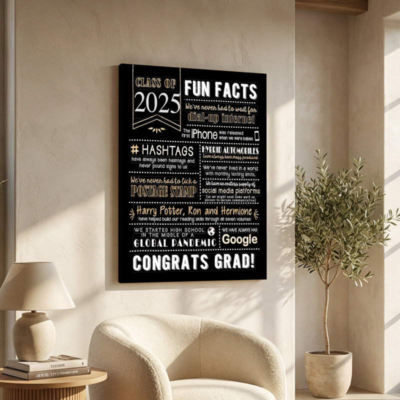 Classe de 2025 faits amusants, affiche, texte de célébration, art mural sur toile - art typographique de style tableau noir. Peinture moderne, galerie profonde de 1 po, 24 po x 36 po