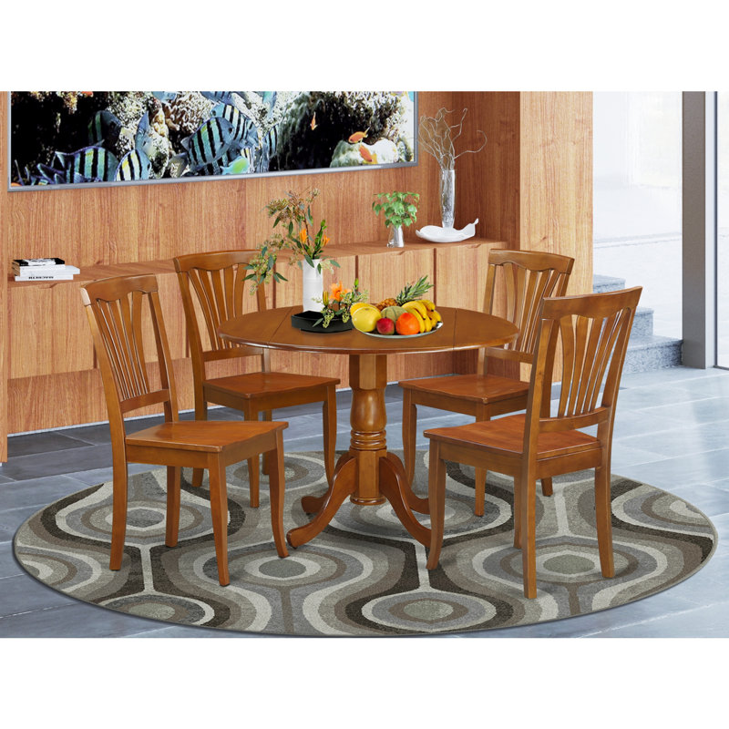5 Piece Kitchen Table & Chairs Set Includes a Round Dining Room Table with Dropleaf and 4 Dining Chairs, 42x42 Inch, Saddle Brown