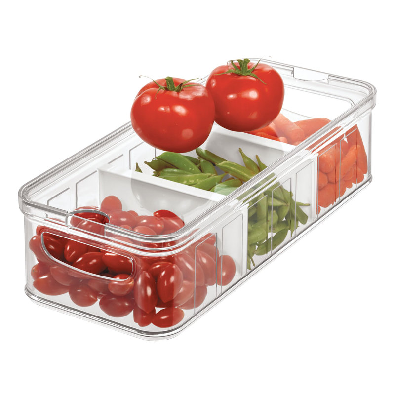 iDesign Recycled Plastic Crisp Large Divided Produce Storage with Handles, Clear Bin