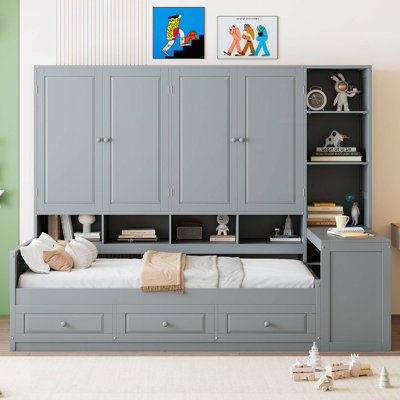 Functional Twin Size Wooden Daybed with Three Drawers, Integrated Cabinet, Desk and Shelves for Enhanced Comfort, Storage and Workspace