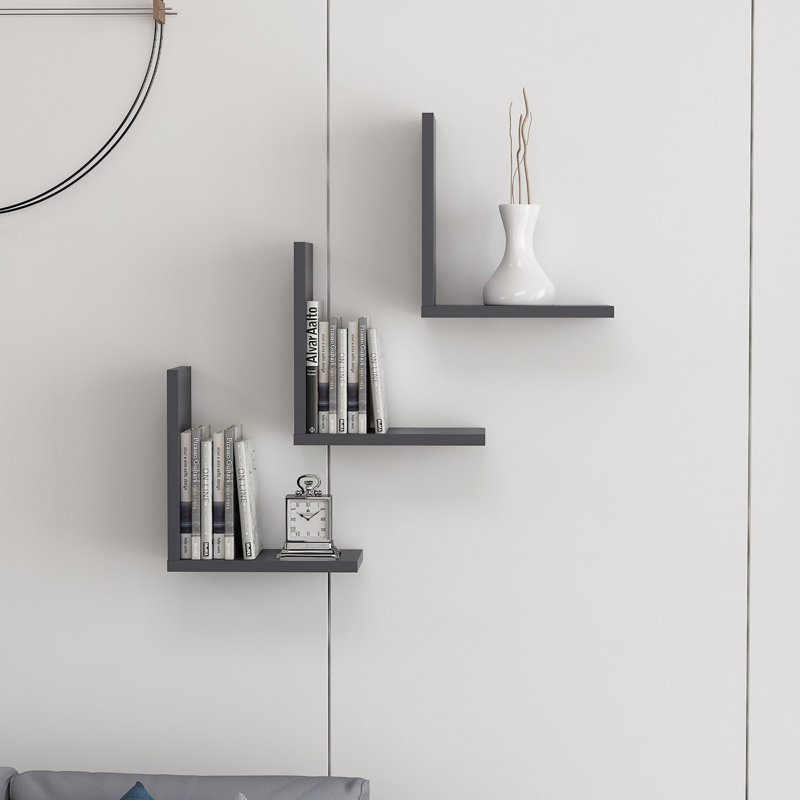 Lindy 3 Piece L-Shaped Floating Shelf with Adjustable Shelves, 32" H x 28" W x 16" D, Anthracite