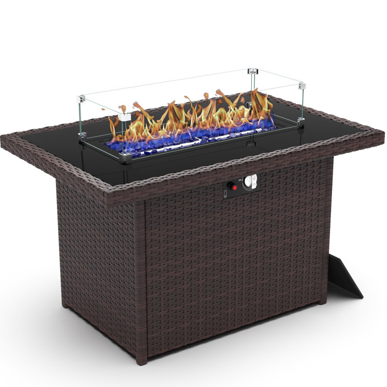 44" Propane Gas Fire Pit Table, 55000 Btu Rectangular Fire Pit With Glass Wind Guard For Outside Patio Deck Garden Backyard