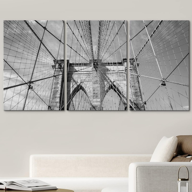 Pont de Brooklyn, New York, États-Unis, en noir et blanc, photographie d'art moderne encadré, Toile tendue, H 24 po x l 48 po