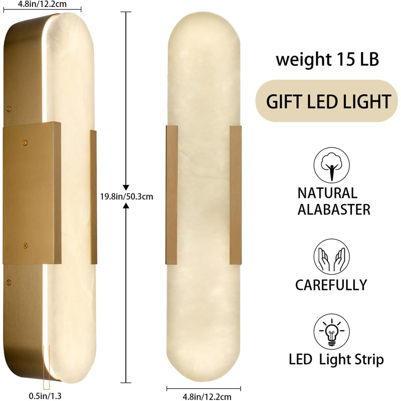 Upgraded 19.7'' Natural LED Alabaster Wall Sconces (Set of 2), Brass