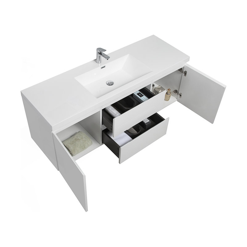 Meuble-lavabo flottant avec lavabo, Blanc, 59"
