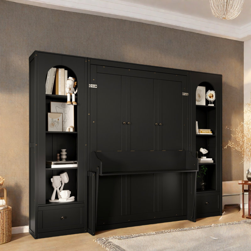 Thistle Queen Size Elegant French Style Murphy Bed With Storage And LED Lighting, Black