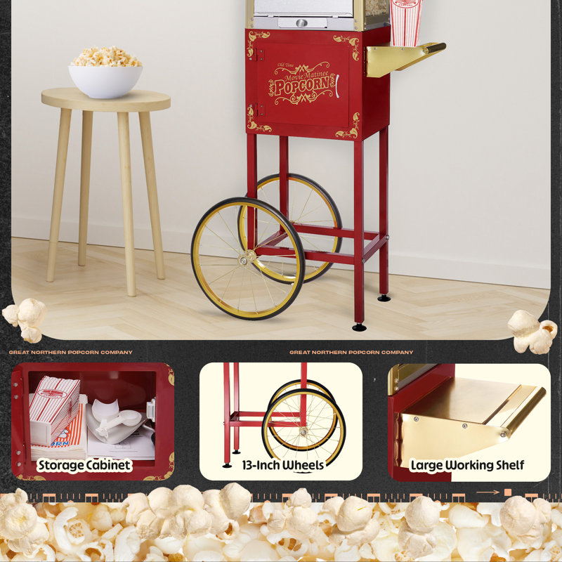 Popcorn Cart - Matinee Replacement Stand for 8-Ounce Poppers with Shelf, Push Handle, and Bicycle-Style Wheels by Great Northern Popcorn (Red)