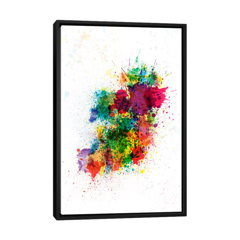 Michael Tompsett "Ireland Map Paint Splashes" Painting Print on Canvas, Black Framed Canvas, 26" H x 18" W x 1.5" D, No Mat