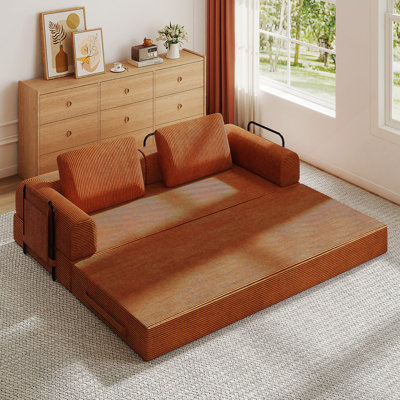 Convertible Sleeper Sofa Bed With Cylindrical Pillow - Corduroy Folding Mattress Couch With Fixed-Shape Frame For Living Room, Bedroom, Lounge, Studio