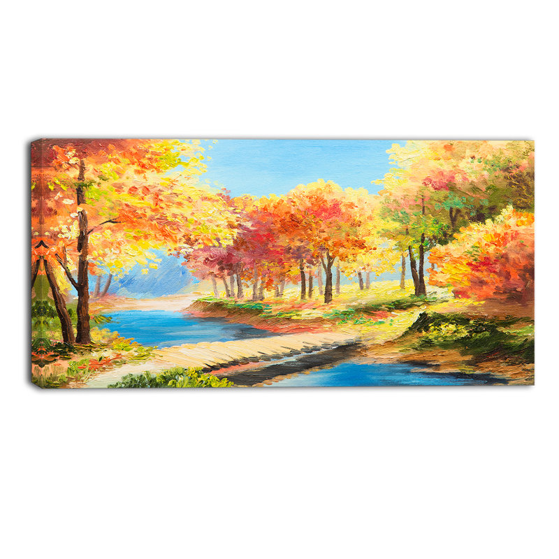 «Wooden Bridge in Colorful Forest Landscape», reproduction d'art sur toile tendue, H 16 po x l 32 po