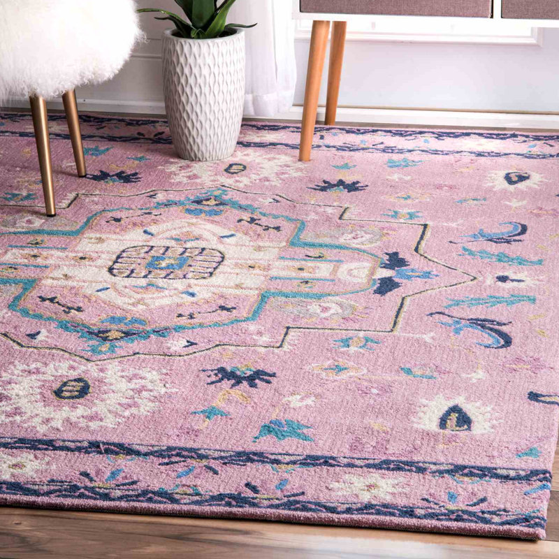 Tapis géométrique rose fait à la main, Rectangle 7 pi x 10 pi