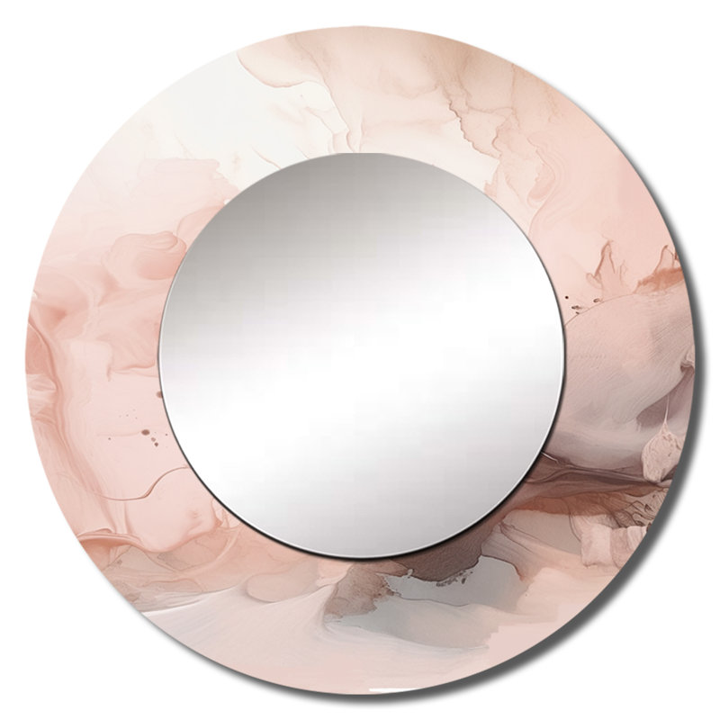 «Prevesk» rose délicat abstrait marbre I - miroir en marbre, miroir mural rond unique moderne, art imprimé en métal