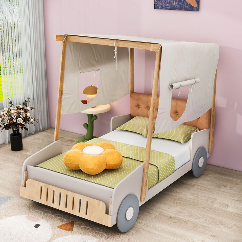 Wooden Car-Shaped Bed With LED Headlights And Backrest, Twin