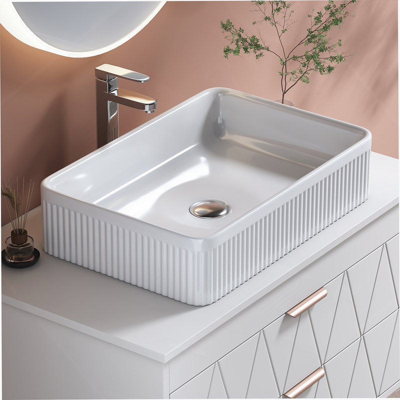 White Rectangular Ceramic Bathroom Vessel Sink With Drain Assembly
