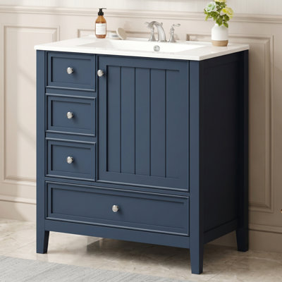 30" Freestanding Single Bathroom Storage with Sink, 3 Drawers & 1 Cabinet, Solid Wood