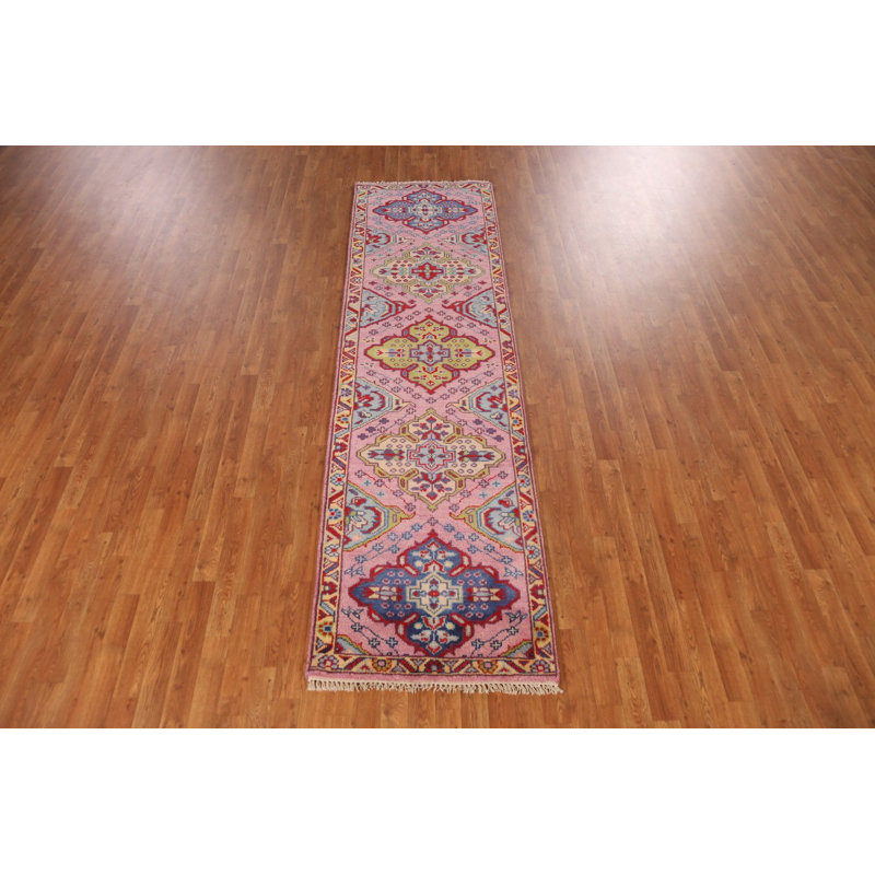Tapis de couloir indien rose à motif géométrique traditionnel 3 x 10