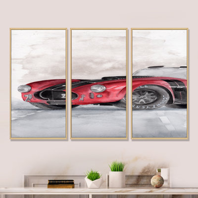 Beautiful Old Red Car on the Grey - 3 pièces, reproduction sur toile