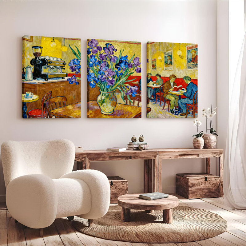 Ensemble de 3 tableaux sur toile représentant un intérieur de café de style Van Gogh avec des iris, H 18 po x l 36 po