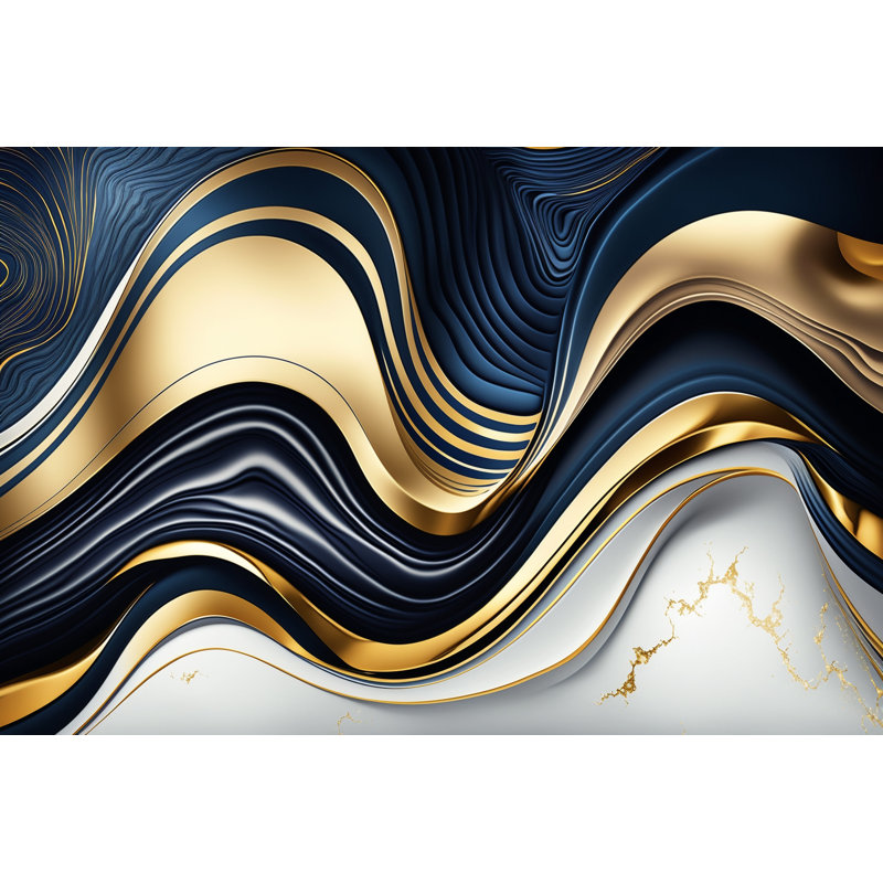 Abstract Geode Waves Blue And Gold IV - Print on Canvas, Black Picture Framed Canvas, 20" W x 12" H