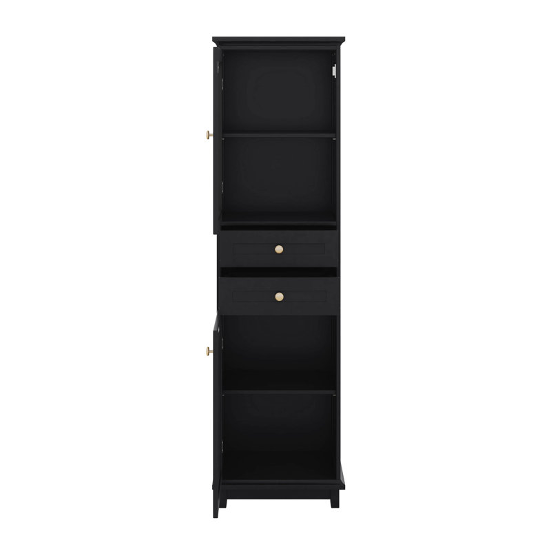Armoire de rangement de 63 po de hauteur avec 2 tiroirs, armoire de salle de bain avec portes en verre, rangement pour garde-manger avec tablettes réglables