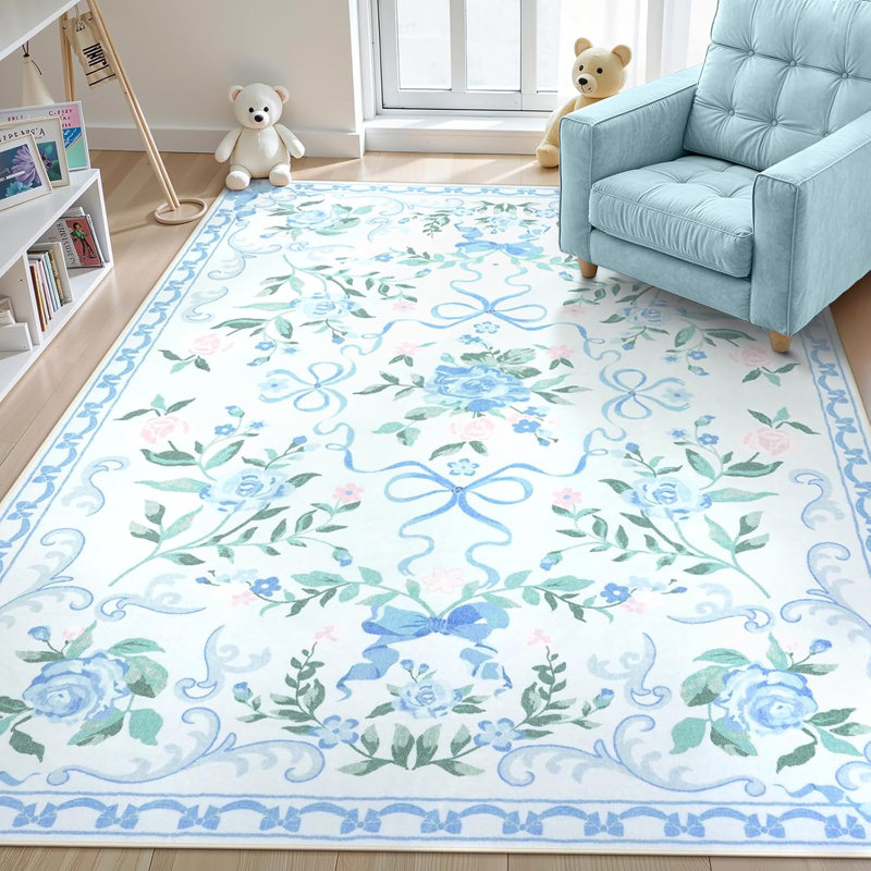 Tapis lavable Kaldi Vintage Floral, motif ruban romantique, à poils courts et antidérapant, idéal pour le salon, la chambre et la salle de jeux.