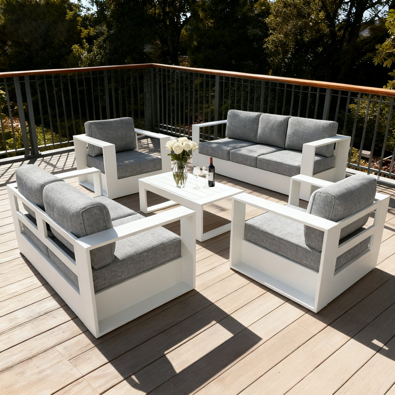 Modern Outdoor Aluminum 5-piece Conversation Set With Coffee Table, Gray, Light Gray