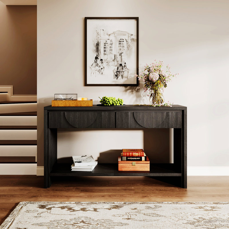 Console de style campagnard avec tiroirs de rangement et tablette ouverte, Noir