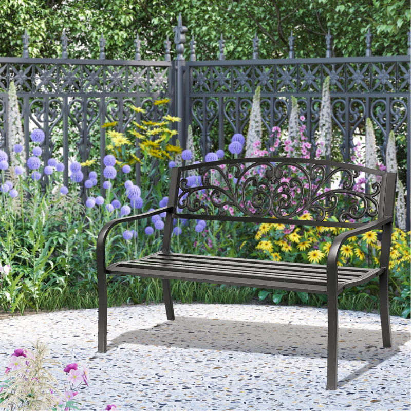 50" Outdoor Bench, Metal Garden Bench With Floral Pattern Backrest, Porch Bench With Slatted Seat For Park, Yard, Lawn, Black
