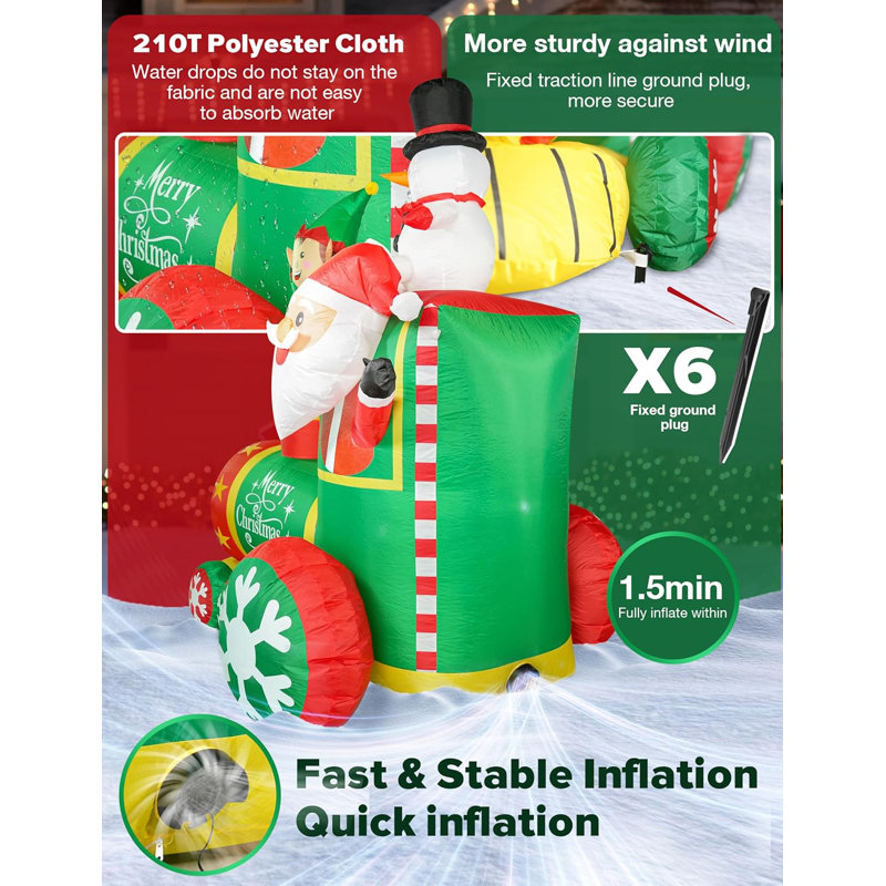 6ft Colorful Inflatable Christmas Train with Santa, Elf, and Snowman