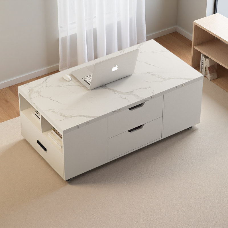 Table basse relevable moderne avec 2 tabourets pour le salon, rangement dissimulé et tiroirs, table de salle à manger pliante et peu encombrante