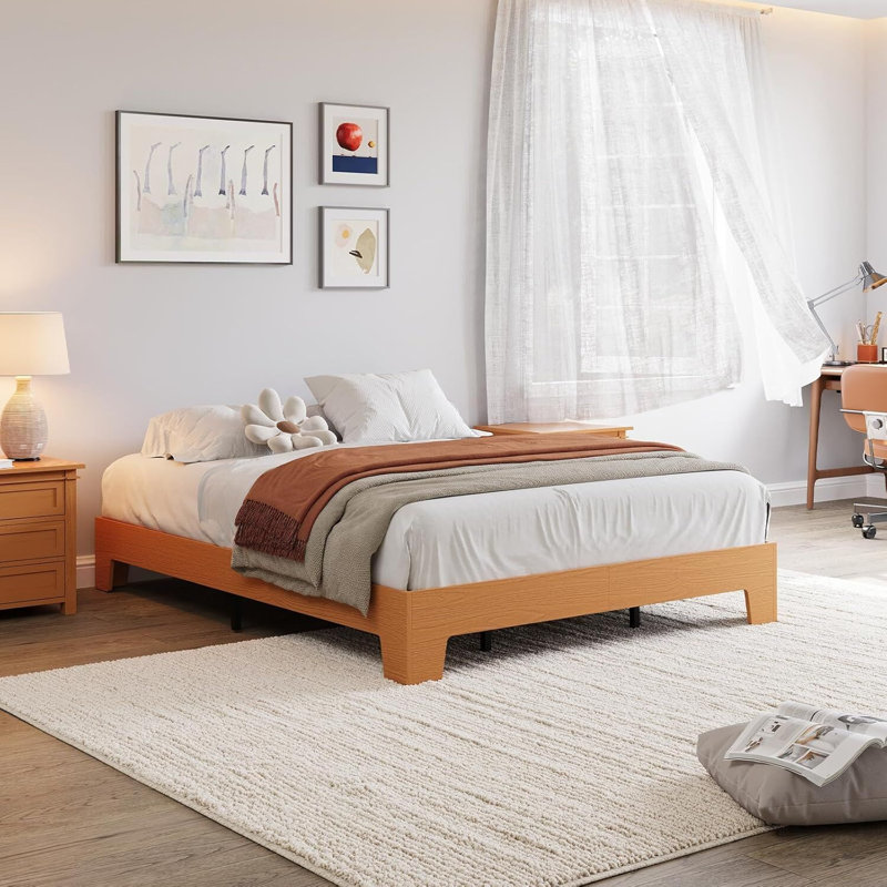 Queen Bed Frame, Platform Wood Bed Frame with Wooden Slat and Metal Slat Support, 10.24-inch Underbed Space for Storage