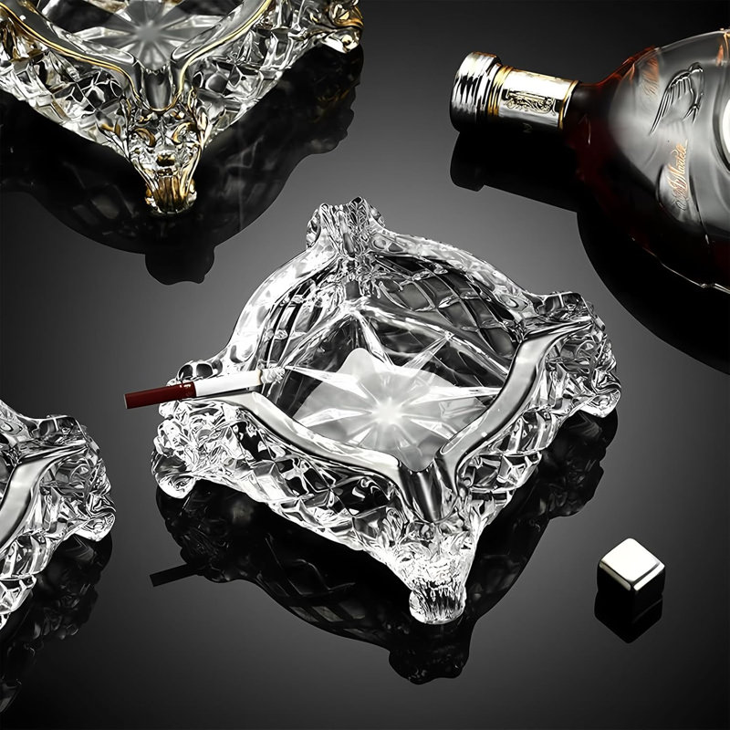 Cendrier carré en verre de cristal 5 po - Accessoire de luxe à grande capacité pour la maison et le bar