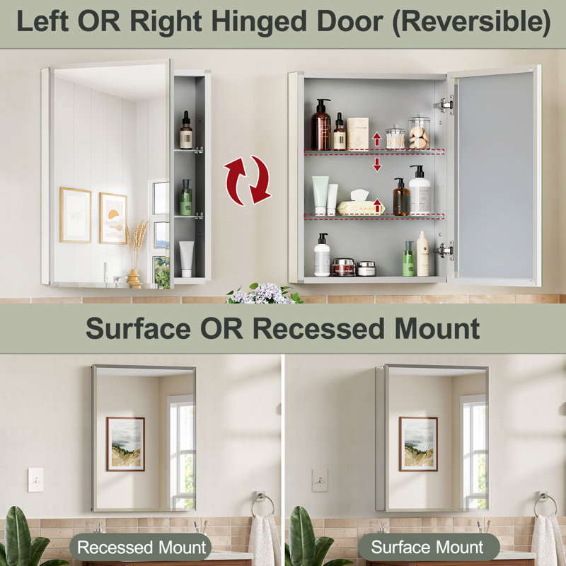 Aluminum Medicine Cabinet with Beveled Mirror, Assembly Needed, Recessed/Wall Mount,Side Mirror, Reversable Door