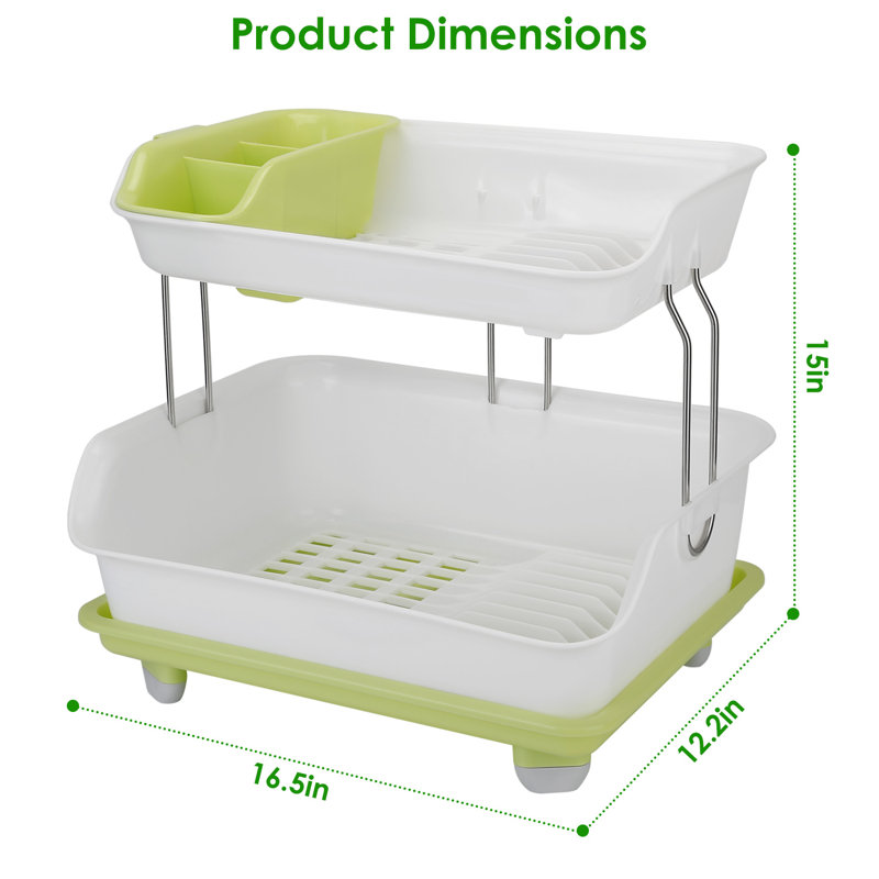 White and Green 2-Tier Metal Dish Drying Rack with Utensil Cup