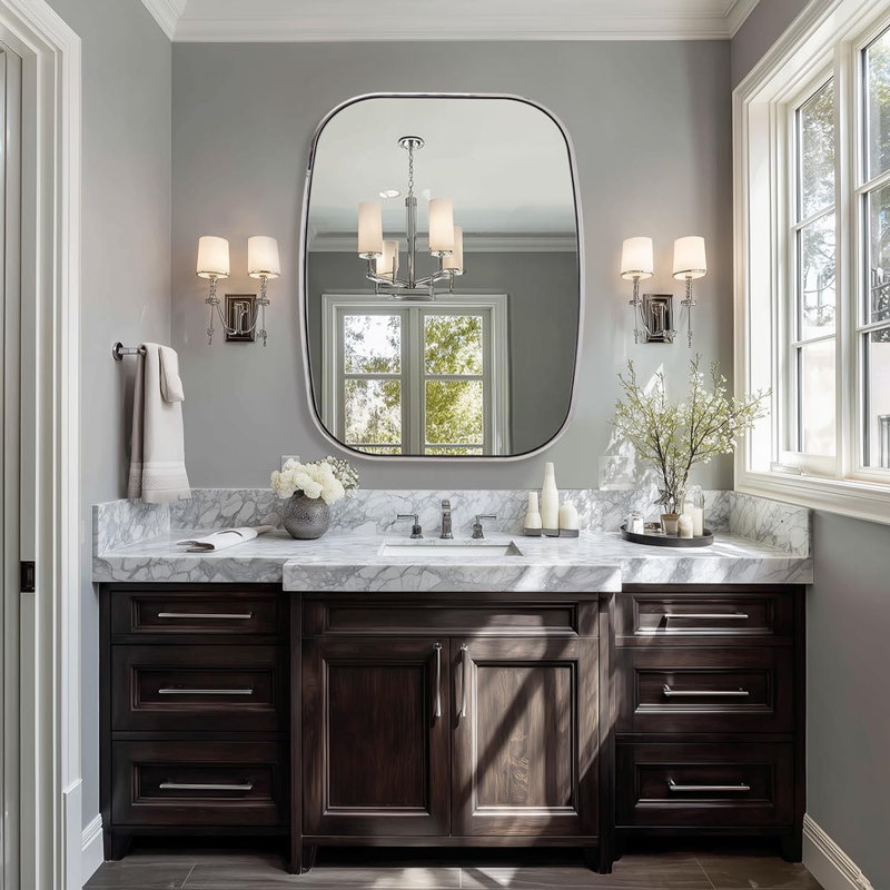 Miroir de salle de bain contemporain | Cadre épais en acier inoxydable, 36 po x 28 po, Chrome poli