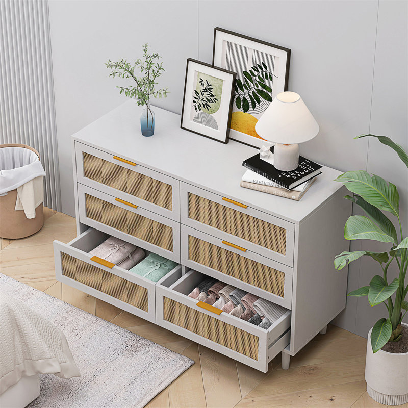 Spacious 6-Drawer Rattan Storage Cabinet, Ideal For Organizing And Decorating Bedrooms And Living Rooms In White