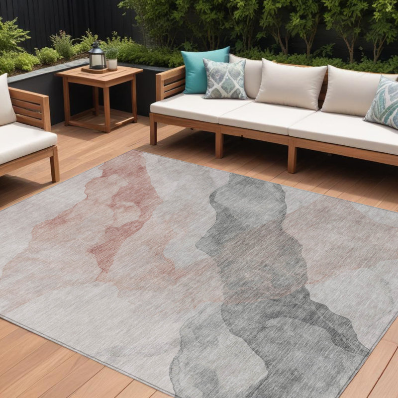 Tapis d'extérieur lavable abstrait 8 pi x 10 pi saumon et gris