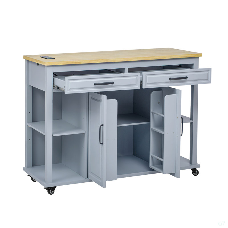 47 Inch Kitchen Island With Extendable Dining Table, Rubber Wood Veneer Kitchen Table With Internal Storage Rack, Power Outlet, Kitchen Island With Storage 2 Drawers 2 Cabinet