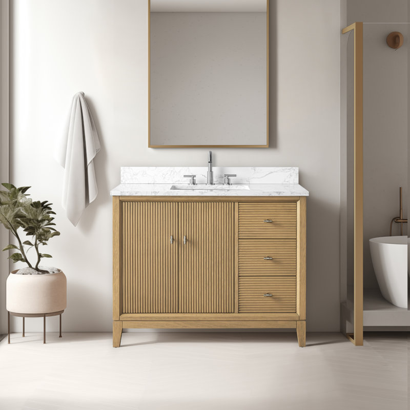 Meuble-lavabo autoportant à simple cuve 42 po avec plateau en marbre Caldwell, Blanc Arabescato, Chêne naturel, Nickel brossé