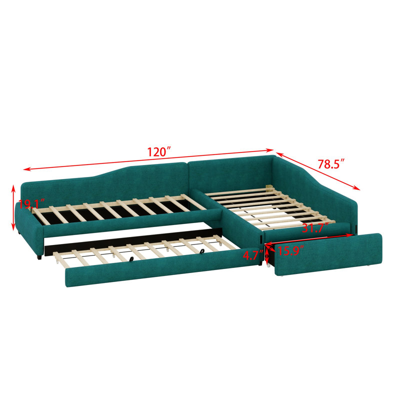 Upholstered Double Daybed With Trundle And Drawer, Green